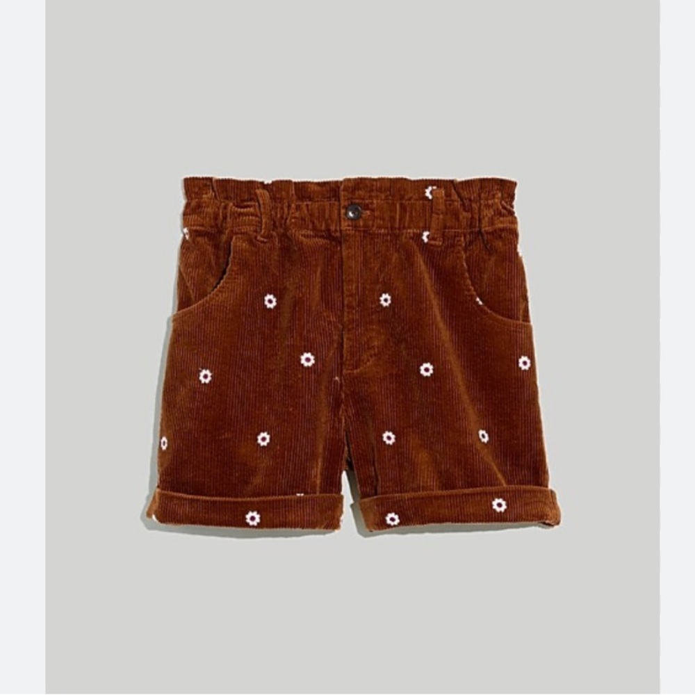 NWT Madewell Daisy Embroidered Corduroy Pull-On Paperbag Shorts